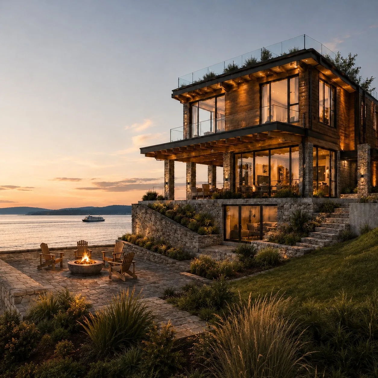 Custom waterfront home built by Svensen at dusk in Western Washington