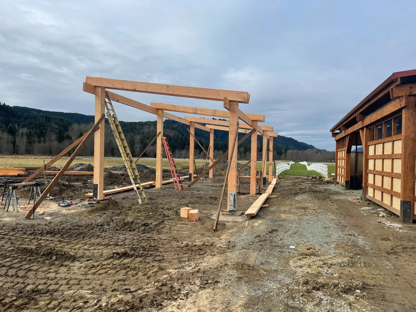 Engineered Douglas Fir timber prepared in-house before raising