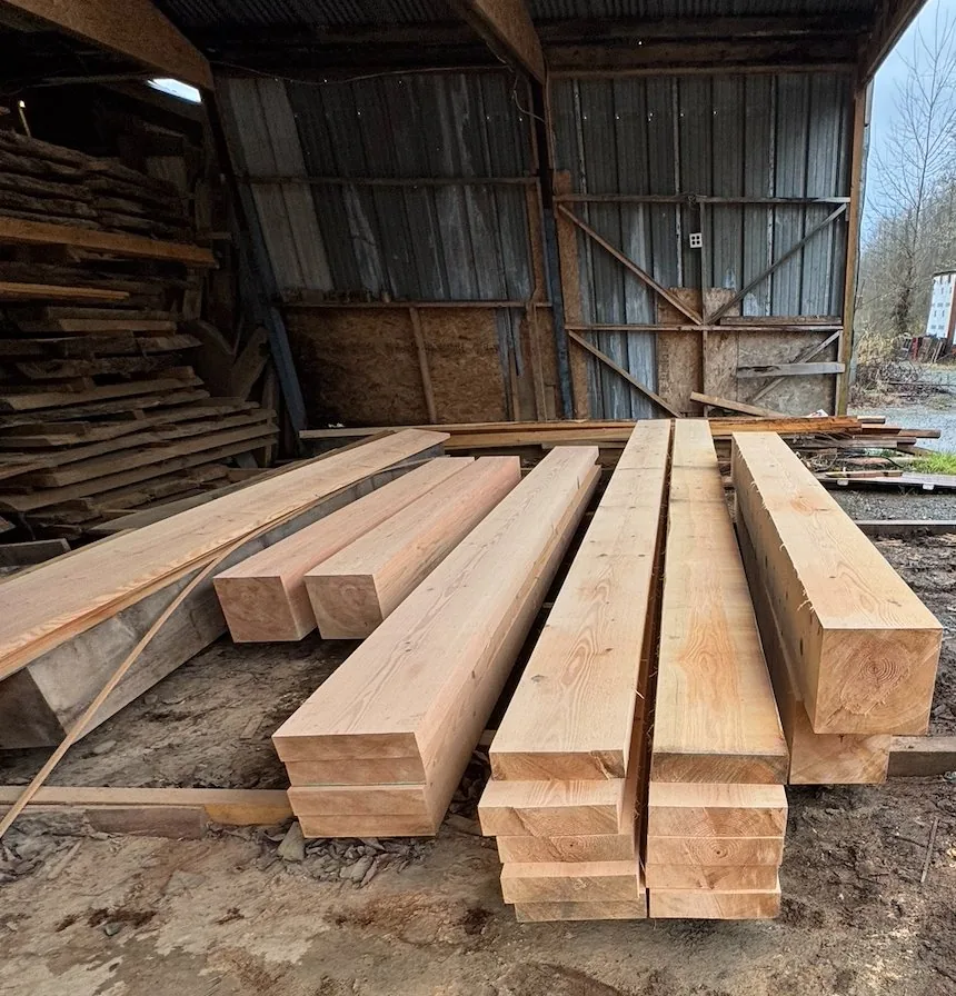 Freshly milled oversized Douglas Fir timber at Washington Timber Company in Arlington, Washington