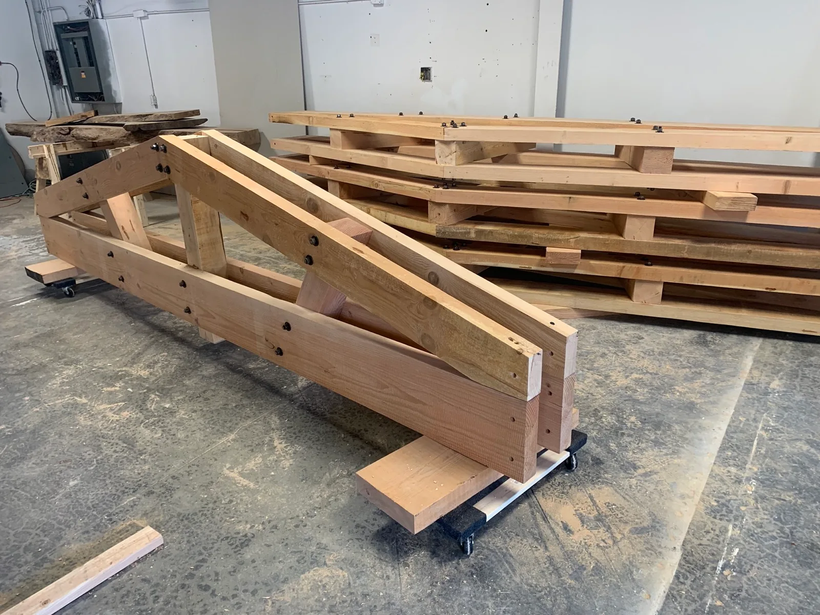 Prefabricated Douglas Fir timber trusses in the Svensen workshop